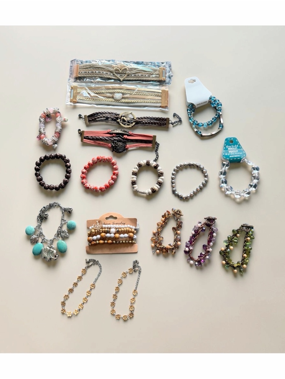 22pc Boho Fashion Jewelry Lot Beaded Stretch Bracelets Suede Cuff Anklet Bundle